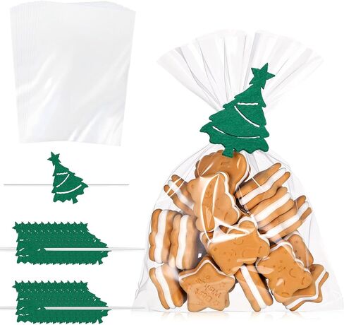 Tenceur 25 Pcs Christmas Clear Treat Bags with Felt Christmas Tree Twist Ties, 6 x 9 Inch Cellophane Candy Bags for Xmas Party Favor Cake Pop Snacks Cookies Goodie Packing in Saudi Arabia