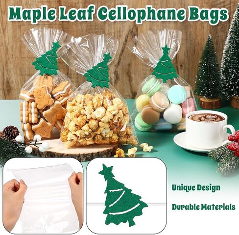 Tenceur 25 Pcs Christmas Clear Treat Bags with Felt Christmas Tree Twist Ties, 6 x 9 Inch Cellophane Candy Bags for Xmas Party Favor Cake Pop Snacks Cookies Goodie Packing in Saudi Arabia