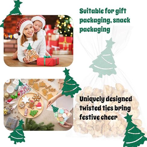 Tenceur 25 Pcs Christmas Clear Treat Bags with Felt Christmas Tree Twist Ties, 6 x 9 Inch Cellophane Candy Bags for Xmas Party Favor Cake Pop Snacks Cookies Goodie Packing in Saudi Arabia