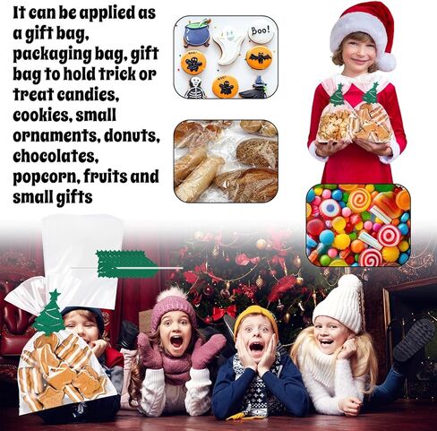 Tenceur 25 Pcs Christmas Clear Treat Bags with Felt Christmas Tree Twist Ties, 6 x 9 Inch Cellophane Candy Bags for Xmas Party Favor Cake Pop Snacks Cookies Goodie Packing in Saudi Arabia