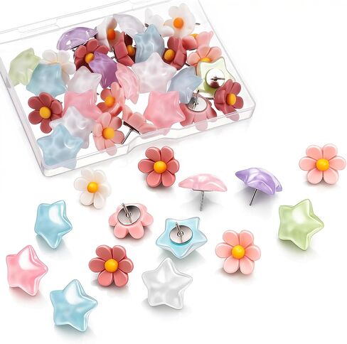sibba Thumb Tacks 30 جهاز كمبيوتر شخصى ملون لطيف دفع دبابيس للوحة الإعلانات على شكل نجمة Thumbtacks الزخرفية زهرة Thumbtacks لمكتب المنزل والمدرسة الفلين مجلس مقصورة الجدار الملحقات (ألوان قوس قزح) in Saudi Arabia