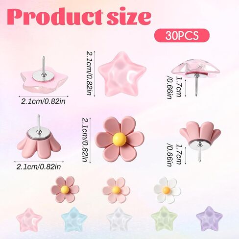 sibba Thumb Tacks 30 جهاز كمبيوتر شخصى ملون لطيف دفع دبابيس للوحة الإعلانات على شكل نجمة Thumbtacks الزخرفية زهرة Thumbtacks لمكتب المنزل والمدرسة الفلين مجلس مقصورة الجدار الملحقات (ألوان قوس قزح) in Saudi Arabia