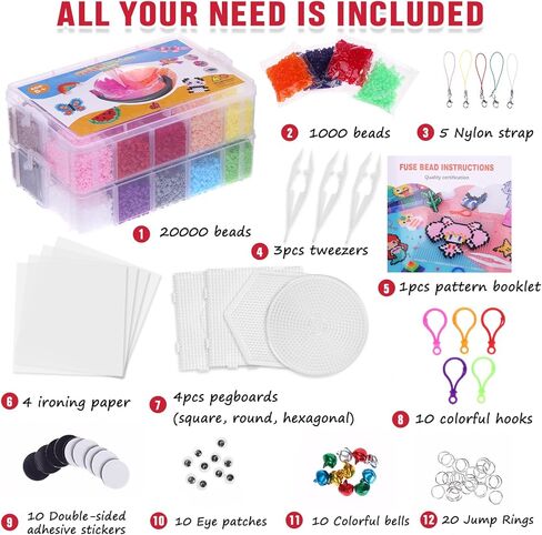 QUEFE Fuse Beads Kit of 72 Assorted Colors, 15000 5mm Beads Craft Kit Including Pegboard, Melting Beads, Ironing Paper, Tweezers & Colorful Hooks, Great Creative Arts and Crafts Set for Girls in Kuwait