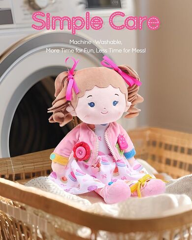 دمية طفل ناعمة تعليمية ناعمة من LeyaDoll (16 بوصة)، دمية حسية تعليمية للأطفال الصغار، ألعاب مونتيسوري للفتيات في عمر عامين في عيد الميلاد، هدايا عيد الميلاد، دمية قطيفة مع فتاة كب كيك مشغولة بالأزرار in Kuwait
