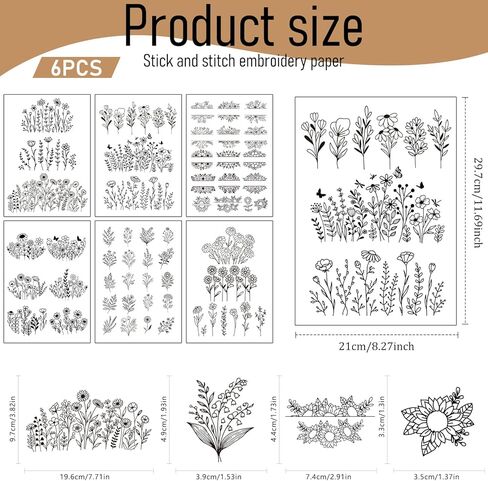 Flower Water Soluble Embroidery Patterns, 6 Sheets Stick and Stitch Embroidery Papers Wash Away, Transfer Paper with Pre-Printed Floral Leaves Designs Customized Gifts for Hand Sewing Lovers Beginners in Saudi Arabia