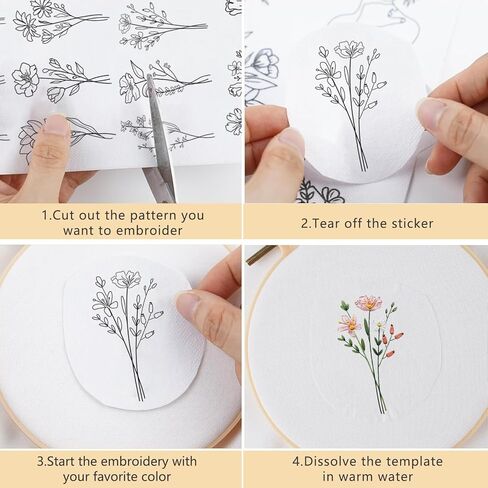 Flower Water Soluble Embroidery Patterns, 6 Sheets Stick and Stitch Embroidery Papers Wash Away, Transfer Paper with Pre-Printed Floral Leaves Designs Customized Gifts for Hand Sewing Lovers Beginners in Saudi Arabia
