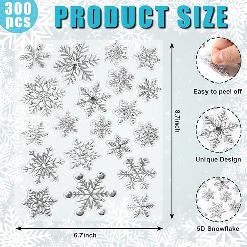 10 Sheets Winter 5D Snowflake Stickers Christmas Clear Silver Snowflake Envelope Seal Stickers Decoration Self Adhesive Label Decals for Xmas Holiday Craft Scrapbook Card Gift, 200Pcs in Saudi Arabia