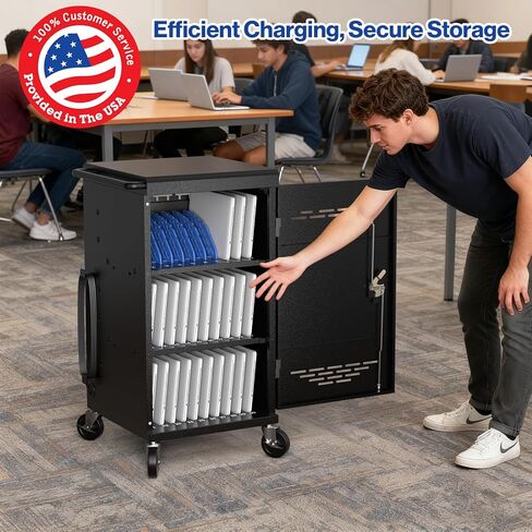 30-Unit Mobile Charging Cart - Open Charging Station Rack for 14-inch Chromebooks and Tablets -  Tablet Organizer Station with Cable Management and Charger Organization(Black) in Kuwait