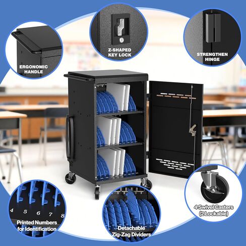 30-Unit Mobile Charging Cart - Open Charging Station Rack for 14-inch Chromebooks and Tablets -  Tablet Organizer Station with Cable Management and Charger Organization(Black) in Kuwait