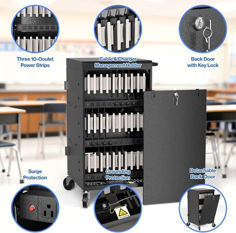 30-Unit Mobile Charging Cart - Open Charging Station Rack for 14-inch Chromebooks and Tablets -  Tablet Organizer Station with Cable Management and Charger Organization(Black) in Kuwait