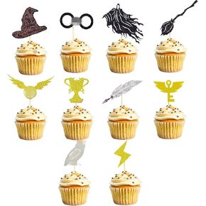 20pcs Magical Wizard Party Decorations Cupcake Toppers, Horror Halloween Hat, Glasses, Broom Birthday Decorations Cake Topper in Saudi Arabia