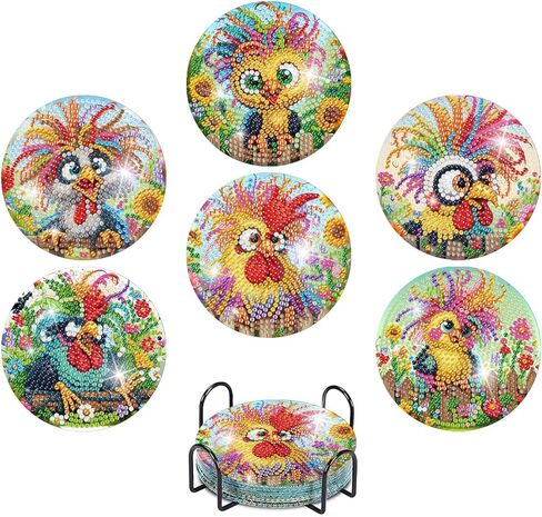 uuxsretaio 6 Pcs Chicken Diamond Art Coasters with Holder, DIY Small Diamond Art Coasters Set, Non Slip Diamond Painting Kits, DIY Art Crafts Projects Small Painting Kits for Beginners 4x4 Inch in Saudi Arabia