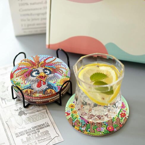 uuxsretaio 6 Pcs Chicken Diamond Art Coasters with Holder, DIY Small Diamond Art Coasters Set, Non Slip Diamond Painting Kits, DIY Art Crafts Projects Small Painting Kits for Beginners 4x4 Inch in Saudi Arabia