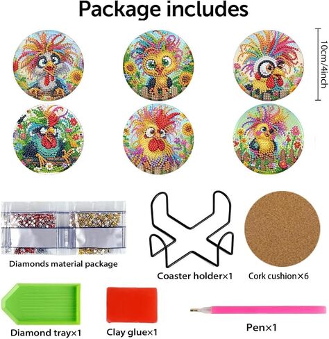 uuxsretaio 6 Pcs Chicken Diamond Art Coasters with Holder, DIY Small Diamond Art Coasters Set, Non Slip Diamond Painting Kits, DIY Art Crafts Projects Small Painting Kits for Beginners 4x4 Inch in Saudi Arabia