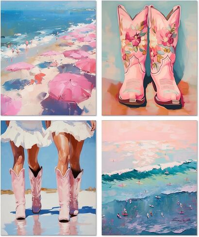 JWVK Pink Western Coastal Cowgirl Beach Diamond Art Kits 4 Pack, Preppy Ocean DIY Diamond Gem Painting Art Kits for Girls Kids Adults Beginners, Coastal Cowgirl Granddaughter Room Decor 10x11.8 Inch in Saudi Arabia