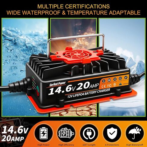 Waterproof Smart 12V 20A LiFePO4 Battery Charger, Dual Connectors & Temperature Control 14.6V Lithium Battery Charger for Deep Cycle LiFePO4 Batteries of RV, Marine, Solar, Off-Grid, Home in Saudi Arabia