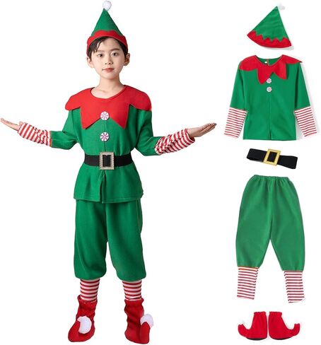 Christmas Elf Costume for Toddler Baby Boys Girls Santa Costume Outfit Xmas Clothes Top +Pants + Hat Cosplay Outfit in Kuwait