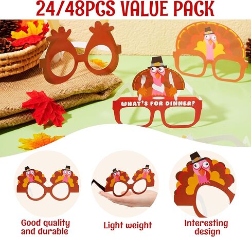 JOYIN 24 Pcs Thanksgiving Turkey Eyeglasses, Turkey Eyewear Frame Pumpkin Maple Leaves Photo Props for Kids Thanksgiving Harvest Party Decoration and Accessories (One Size Fits All) in Saudi Arabia