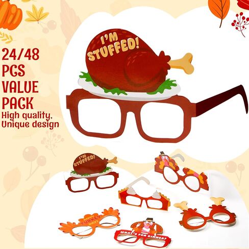 JOYIN 24 Pcs Thanksgiving Turkey Eyeglasses, Turkey Eyewear Frame Pumpkin Maple Leaves Photo Props for Kids Thanksgiving Harvest Party Decoration and Accessories (One Size Fits All) in Saudi Arabia