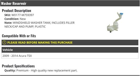 Windshield Washer Fluid Reservoir with Neck, Pump and Cap - Compatible with 2009-2014 Acura TSX in Saudi Arabia