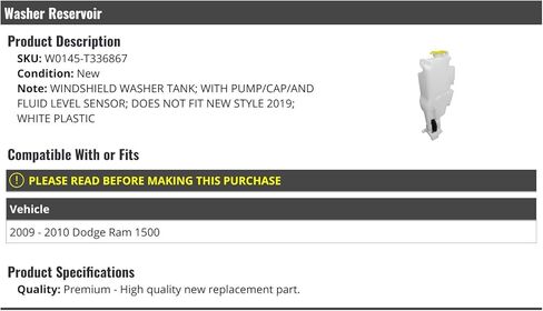 Windshield Washer Fluid Reservoir Tank - with Pump, Cap, Level Sensor - Compatible with 2009-2010 Dodge Ram 1500 in Saudi Arabia