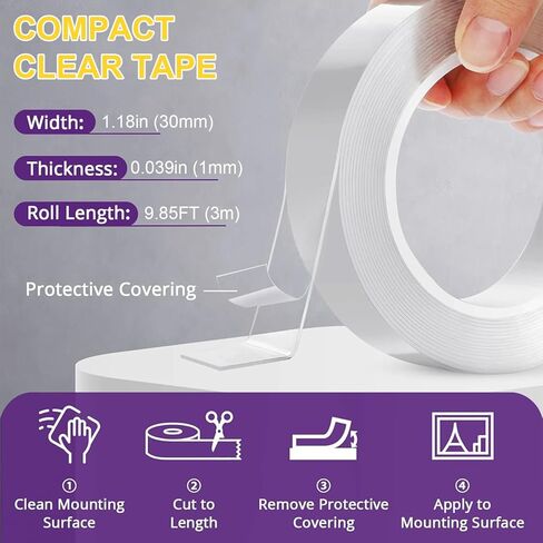 Strong Double Sided Tape Heavy Duty (2 Rolls, Total 19.7 FT) Clear Removable Two Sided Nano Mounting Adhesive for Wall, Posters, Rug, Picture Hanging - Teacher, Dorm Room, Office & Outdoor Essentials in Saudi Arabia