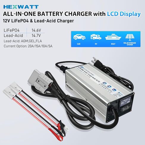 12V LiFePO4 & AGM All in One Charger LCD Display, 5A-20A Adjustable Current 14.6V 20A LiFePO4 Lithium & 12V AGM Lead-Acid, Anderson Connector Maintainer Trickle Charger Car, RV, Marine, Boat in Saudi Arabia