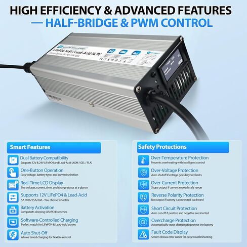12V LiFePO4 & AGM All in One Charger LCD Display, 5A-20A Adjustable Current 14.6V 20A LiFePO4 Lithium & 12V AGM Lead-Acid, Anderson Connector Maintainer Trickle Charger Car, RV, Marine, Boat in Saudi Arabia