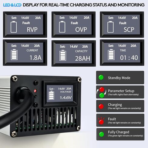 12V LiFePO4 & AGM All in One Charger LCD Display, 5A-20A Adjustable Current 14.6V 20A LiFePO4 Lithium & 12V AGM Lead-Acid, Anderson Connector Maintainer Trickle Charger Car, RV, Marine, Boat in Saudi Arabia