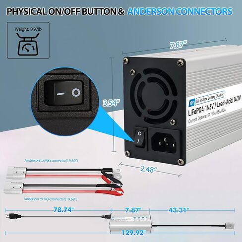 12V LiFePO4 & AGM All in One Charger LCD Display, 5A-20A Adjustable Current 14.6V 20A LiFePO4 Lithium & 12V AGM Lead-Acid, Anderson Connector Maintainer Trickle Charger Car, RV, Marine, Boat in Saudi Arabia