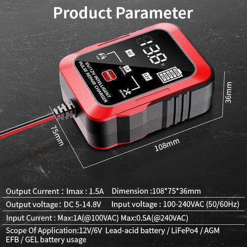 6V 12V Battery Charger 1.5A Automatic Battery Maintainer Trickle Charger Smart Float Charge, Auto Battery Repair Charger Desulfator for Car Motorcycle Lawn Mower Boat Lead Acid AGM LiFePO4 Batteries in Saudi Arabia