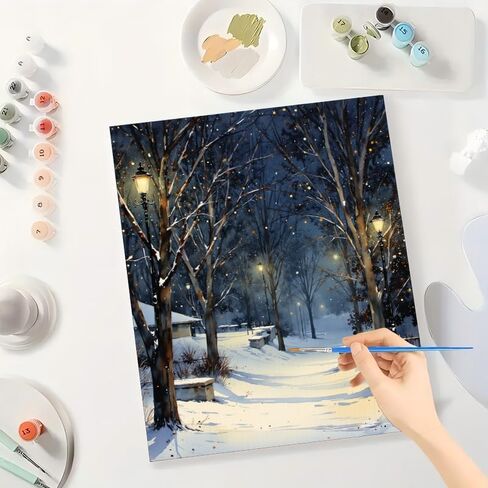 مجموعة طلاء المناظر الطبيعية الشتوية بالأرقام للبالغين - مسار حديقة ثلجي DIY مع رسم فوانيس على القماش مقاس 16 × 20 بوصة، مجموعة طلاء أكريليك، مناسبة للمبتدئين، فن لتزيين المنزل أو الهدايا in Kuwait