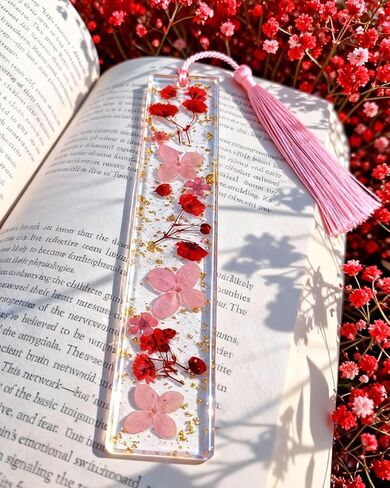 قطعتان من الإشارات المرجعية للنساء من Buleens - علامات كتاب أرجوانية لمحبي كتب القراء، علامة مرجعية مخصصة مصنوعة يدويًا من الراتنج على شكل زهرة مجففة مع شرابات، جميلة وجمالية in Kuwait