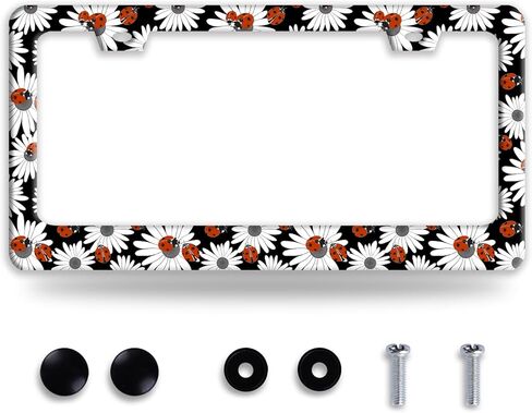 Ladybug Daisy License Plate Frame Bug Flowers License Plate Holder Funny Stainless Steel Accessories Cars Decor with 2 Holes and Screws Fits Standard Us Ca Vehicles 12.2 X 6 Inch in Saudi Arabia