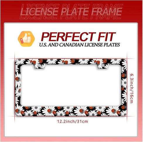 Ladybug Daisy License Plate Frame Bug Flowers License Plate Holder Funny Stainless Steel Accessories Cars Decor with 2 Holes and Screws Fits Standard Us Ca Vehicles 12.2 X 6 Inch in Saudi Arabia