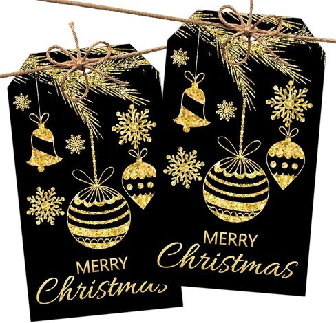 Red Gold Merry Christmas Gift Labels with String, 2x3.5 Inches Golden Foil Christmas Paper Gift Tags, 50PCS Xmas Presents Paper Hang Tags, Holiday Wrapping Party Favor Decor Supplies-A05 in Saudi Arabia