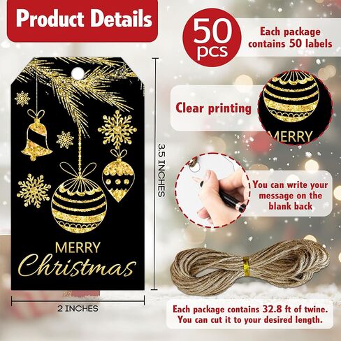Red Gold Merry Christmas Gift Labels with String, 2x3.5 Inches Golden Foil Christmas Paper Gift Tags, 50PCS Xmas Presents Paper Hang Tags, Holiday Wrapping Party Favor Decor Supplies-A05 in Saudi Arabia