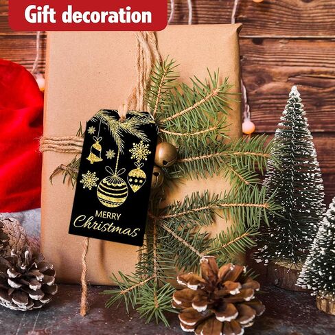 Red Gold Merry Christmas Gift Labels with String, 2x3.5 Inches Golden Foil Christmas Paper Gift Tags, 50PCS Xmas Presents Paper Hang Tags, Holiday Wrapping Party Favor Decor Supplies-A05 in Saudi Arabia