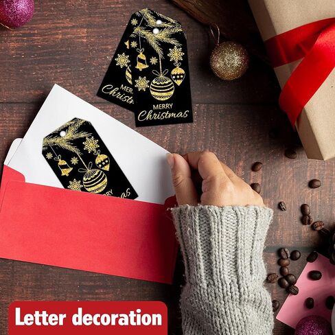 Red Gold Merry Christmas Gift Labels with String, 2x3.5 Inches Golden Foil Christmas Paper Gift Tags, 50PCS Xmas Presents Paper Hang Tags, Holiday Wrapping Party Favor Decor Supplies-A05 in Saudi Arabia