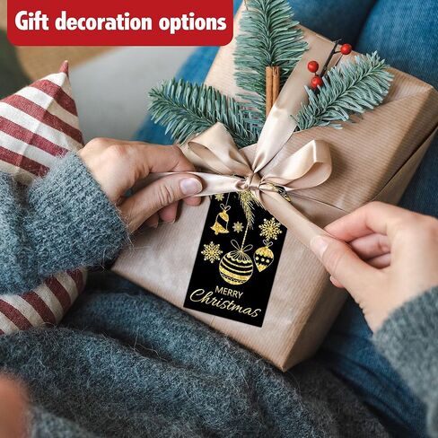 Red Gold Merry Christmas Gift Labels with String, 2x3.5 Inches Golden Foil Christmas Paper Gift Tags, 50PCS Xmas Presents Paper Hang Tags, Holiday Wrapping Party Favor Decor Supplies-A05 in Saudi Arabia