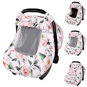 Car Seat Cover for Babies, Baby Car Seat Cover with Breathable Mesh Peep Windows, Soft Infant Car Seat Covers Canopy, Floral Stroller Cover, Camellia