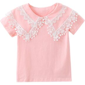 Toddler Girl Lace Embroidery Blouse Short Sleeve Cotton Doll Collar Tops School Uniform Shirt
