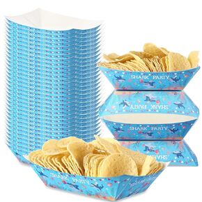 Gejoy 100 Pieces Shark Party Supplies Set 2lb Disposable Shark Paper Food Trays Snack Trays Shark Birthday Party Decorations Shark Party Food Serving Trays for Nacho Hot Dogs Popcorn