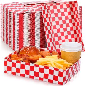 Large Red Checkered Cardboard Food Trays 10.24 x 7.09 x 2.36 Inches 4 Corner Paperboard Food Box Paper Snack Trays Red and White Disposable Food Holder for Popcorn Nacho Theater Carnival (100 Pcs)