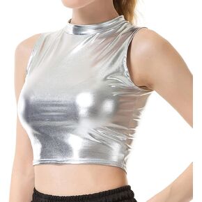 Metallic Crop Top for Women, Shiny Stretch Sleeveless Holographic Party Tank Tops Dance Vest Clubwear Club Tank T-Shirt
