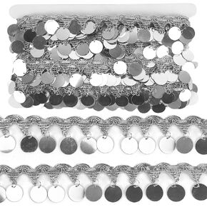 levylisa 10 Yards Sequin Tassel Trim 2 Inch Width Fringe Lace Trim for Dance Dress Belt Chain Party Accessories DIY Clothing Supplies, Coin Shape, Silver