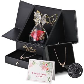Preserved Flowers Rose Gift for Mom,Glass Angel Figurines with LED Light Angel Flower Birthday Gifts for Women with I Love You Necklace Thanksgiving Mother's Day Christmas Valentine's Day (K014)