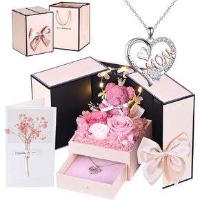 Preserved Flowers Rose Teddy Bear Box, I Love You Necklace 100 Languages Valentines Day Gifts for Girlfriend Mom Wife Grandma Mothers Day Anniversary Birthday Favors (Black-purple, I Love U Necklace)