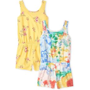 The Children's Place Baby Girls' Sleeveless Summer Rompers, Rainbow Tie Dye/Pink Blossom 2-Pack, Medium