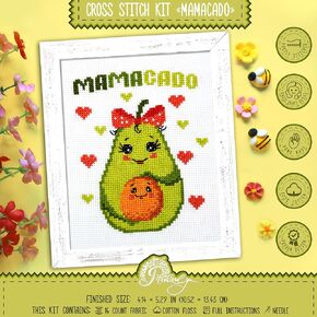 Povitrulya Counted Cross Stitch Kit 'Mamacado' - Embroidery Set with Pre-Sorted Cotton Floss, 14 Count Aida Fabric, Paper Pattern, DIY Gift, Baby Shower and New Mommy Present